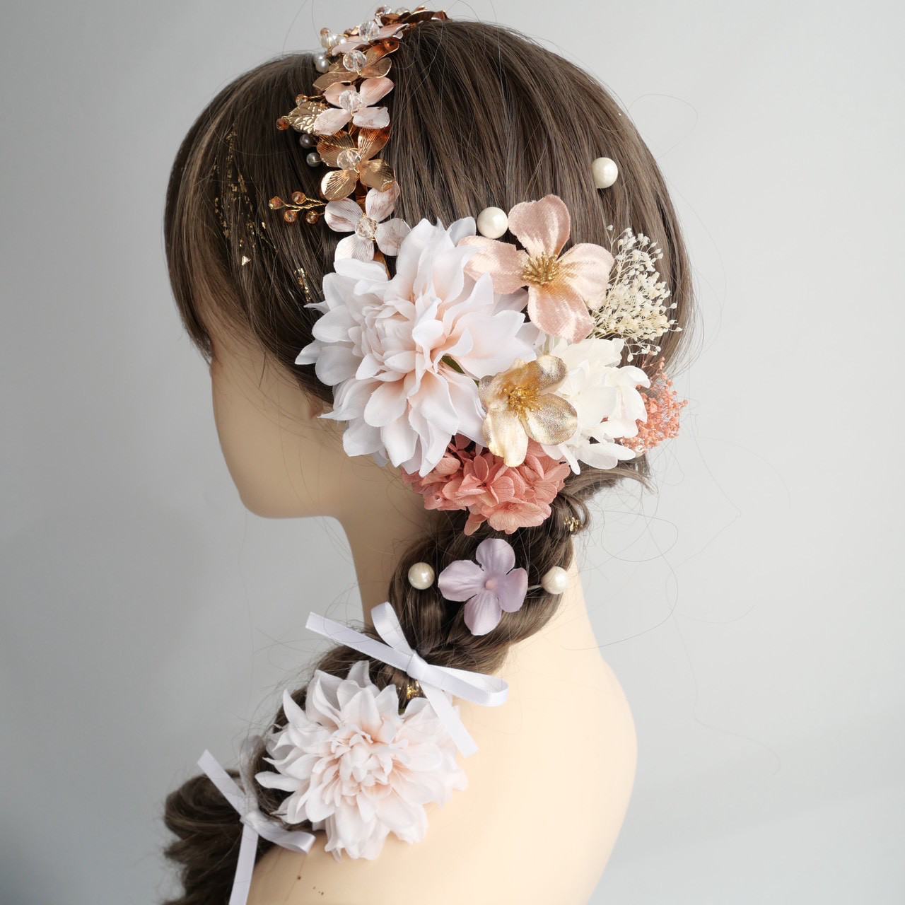 A501 ドライフラワー　カチューシャ　ダリア　髪飾り　ピンク　卒業式　袴　成人式　振袖　結婚式　和装