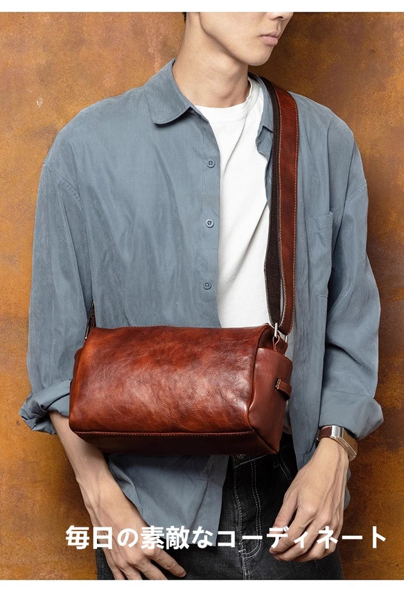 レトロな本革の男性用ショルダーバッグ、斜め掛けバッグ、カジュアルな小型バック、植タン牛革の手作業で擦られたクッションバッ 10,488円