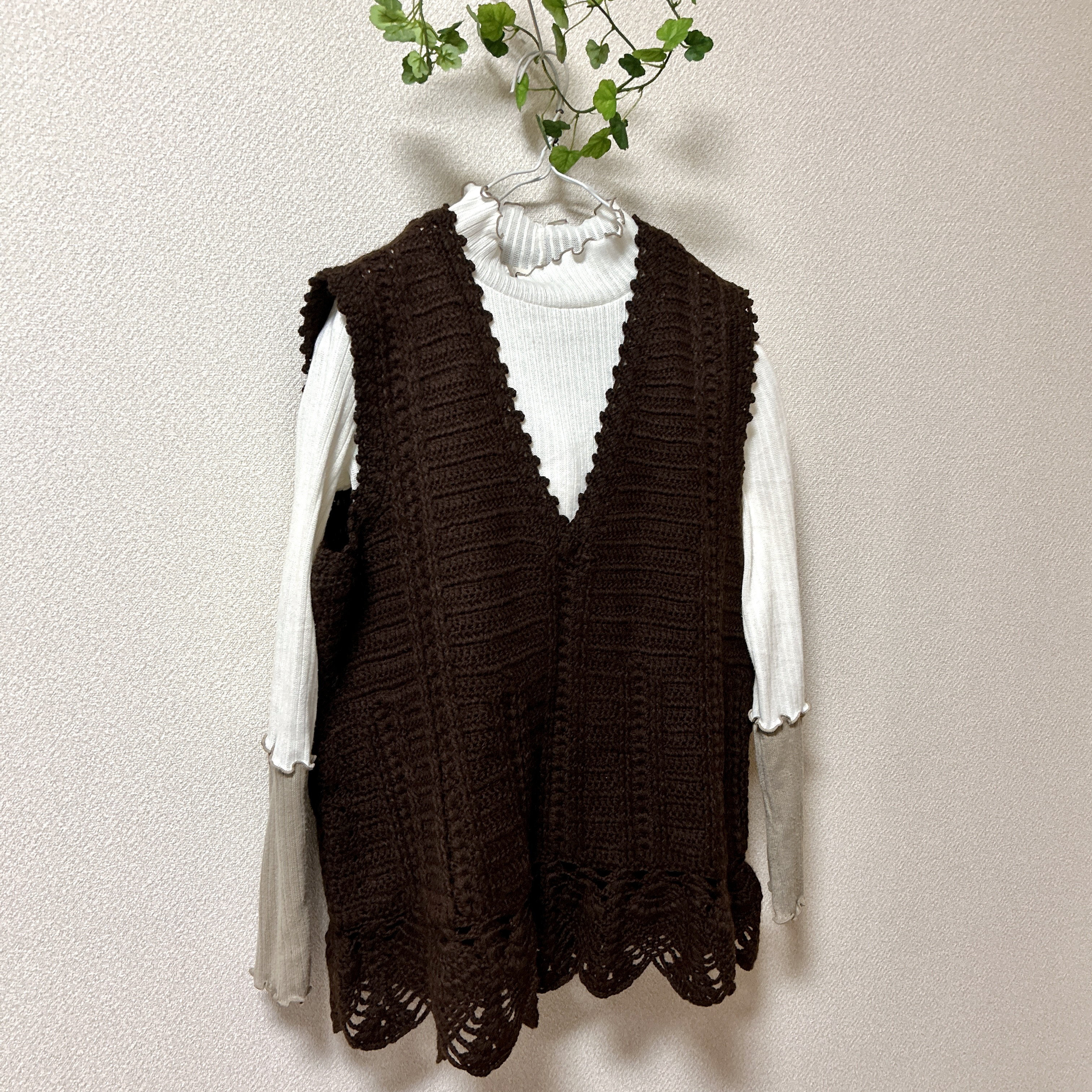 【1点もの】深みブラウン手編みVネックチュニック