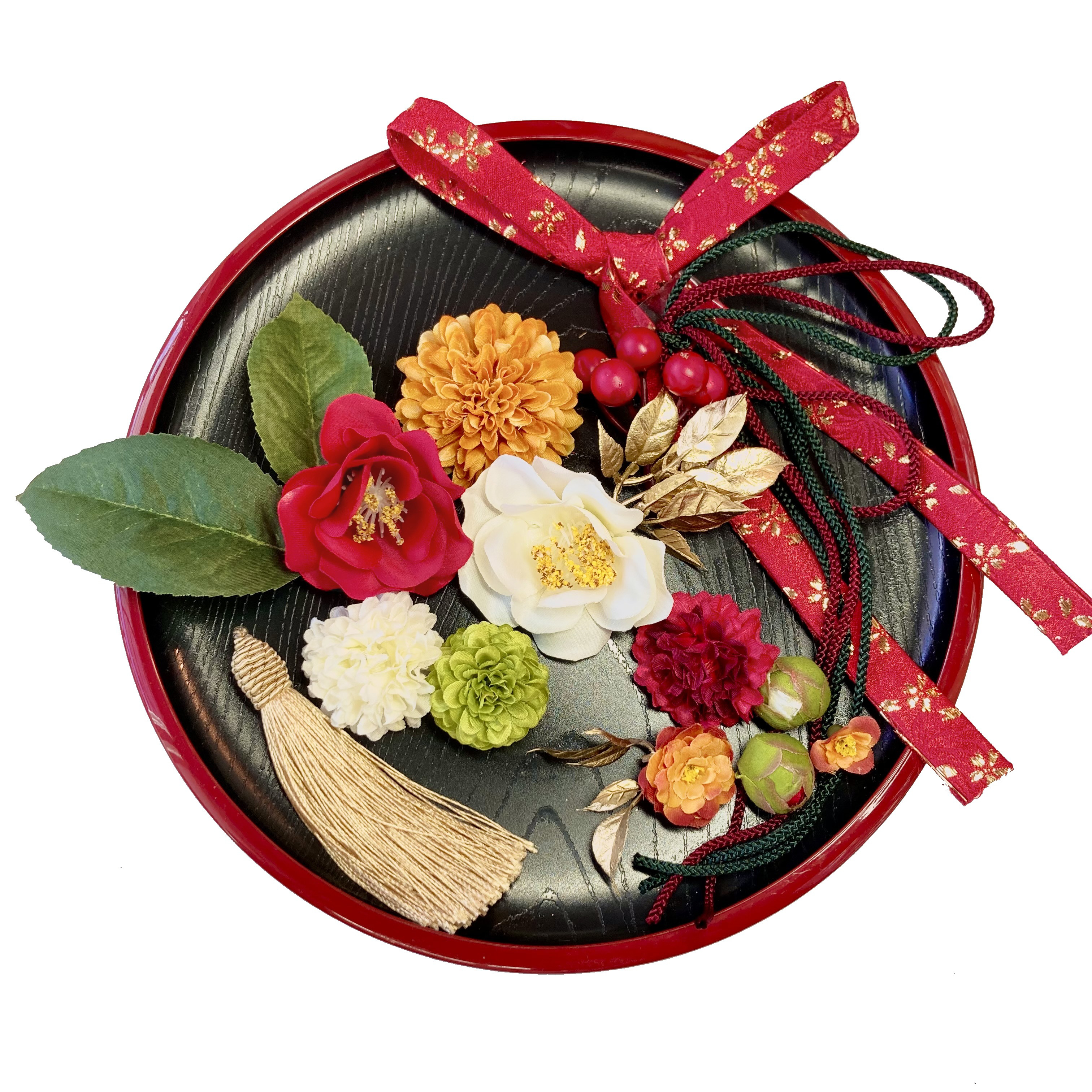 ちんまり 椿 と マム の 髪飾り 選べる タッセル と リボン Ｂ 結婚式 成人式 卒業式 着物