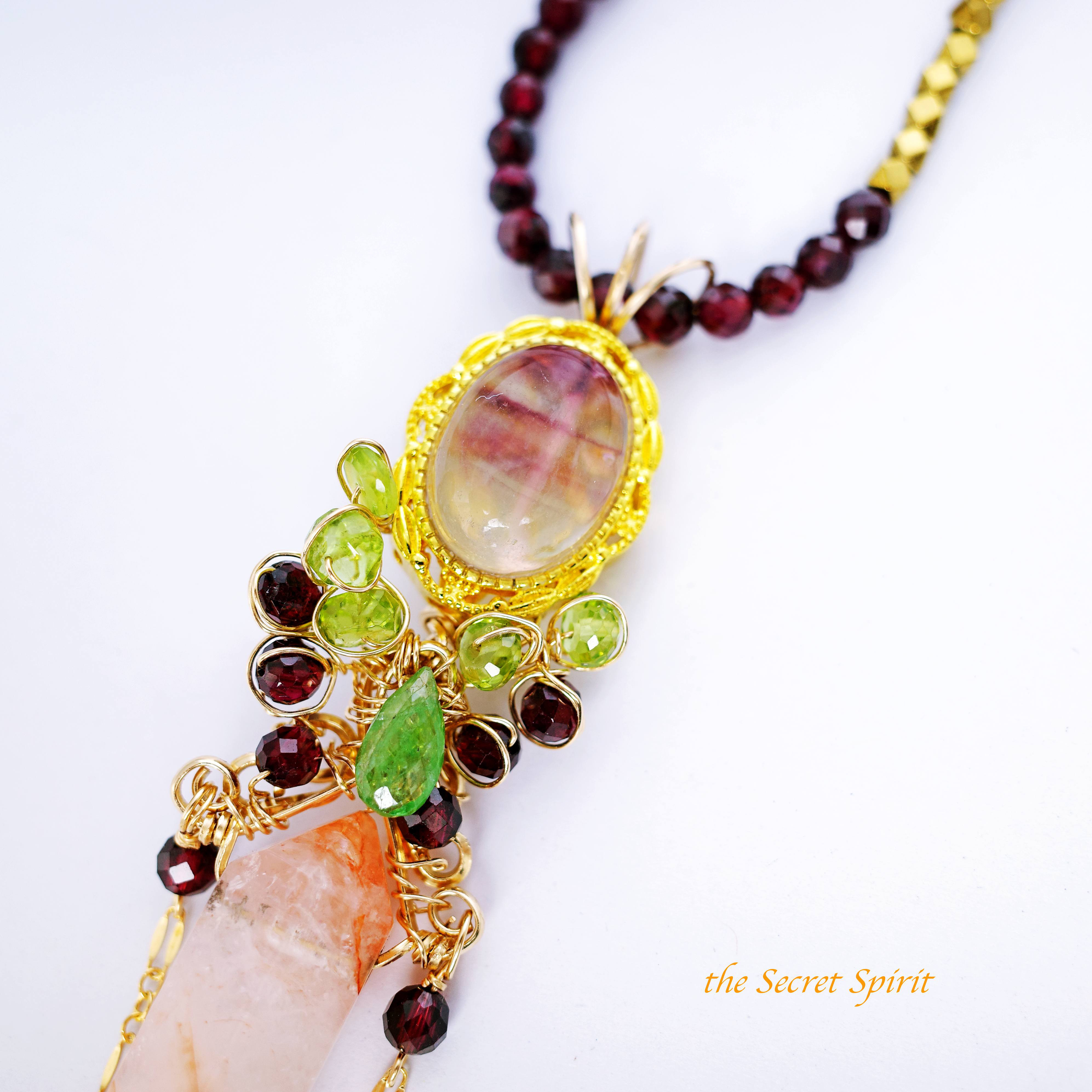 【問題解決を促し成果へと結びつける】フローライト 赤水晶 ガーネットネックレス