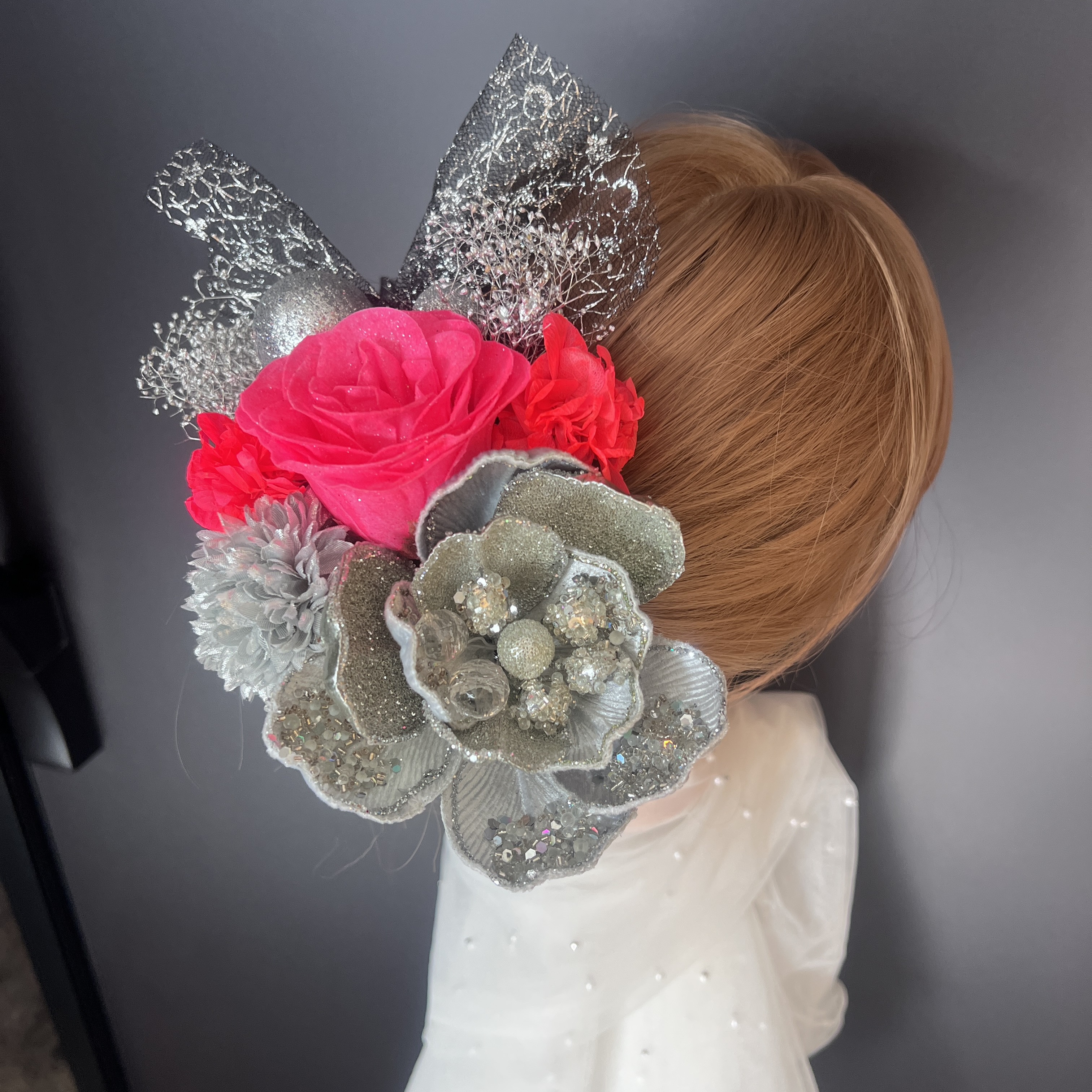 ha202 髪飾り 結婚式　卒業式　成人式 着物　振袖　キラキラバラ　ピンク　銀