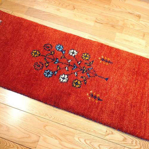 ペルシャ ギャッベ ミニランナー ラグ 116x40cm 茜色 花 ヤギ 羊