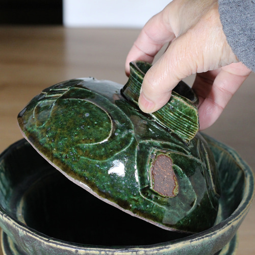 【美品】織部焼き　1号炊き土鍋　2個セット 織部飯炊き土鍋2～3合炊き】do38 食器 陶芸 美濃焼 土鍋 炊飯器土鍋