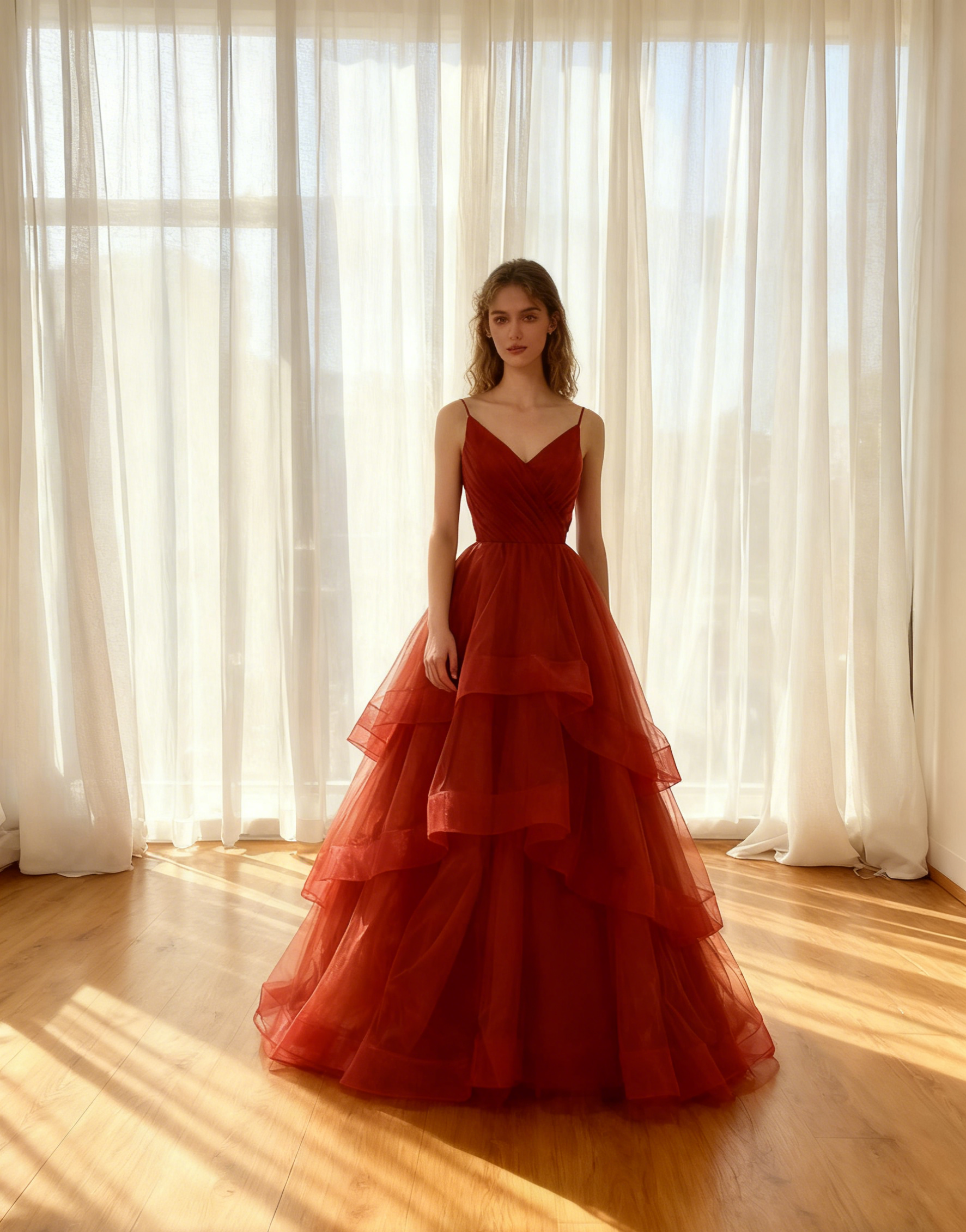 カラードレス テラコッタ キャミソール Vネック ラッフルフリル ソフトチュール ロングトレーン 花嫁