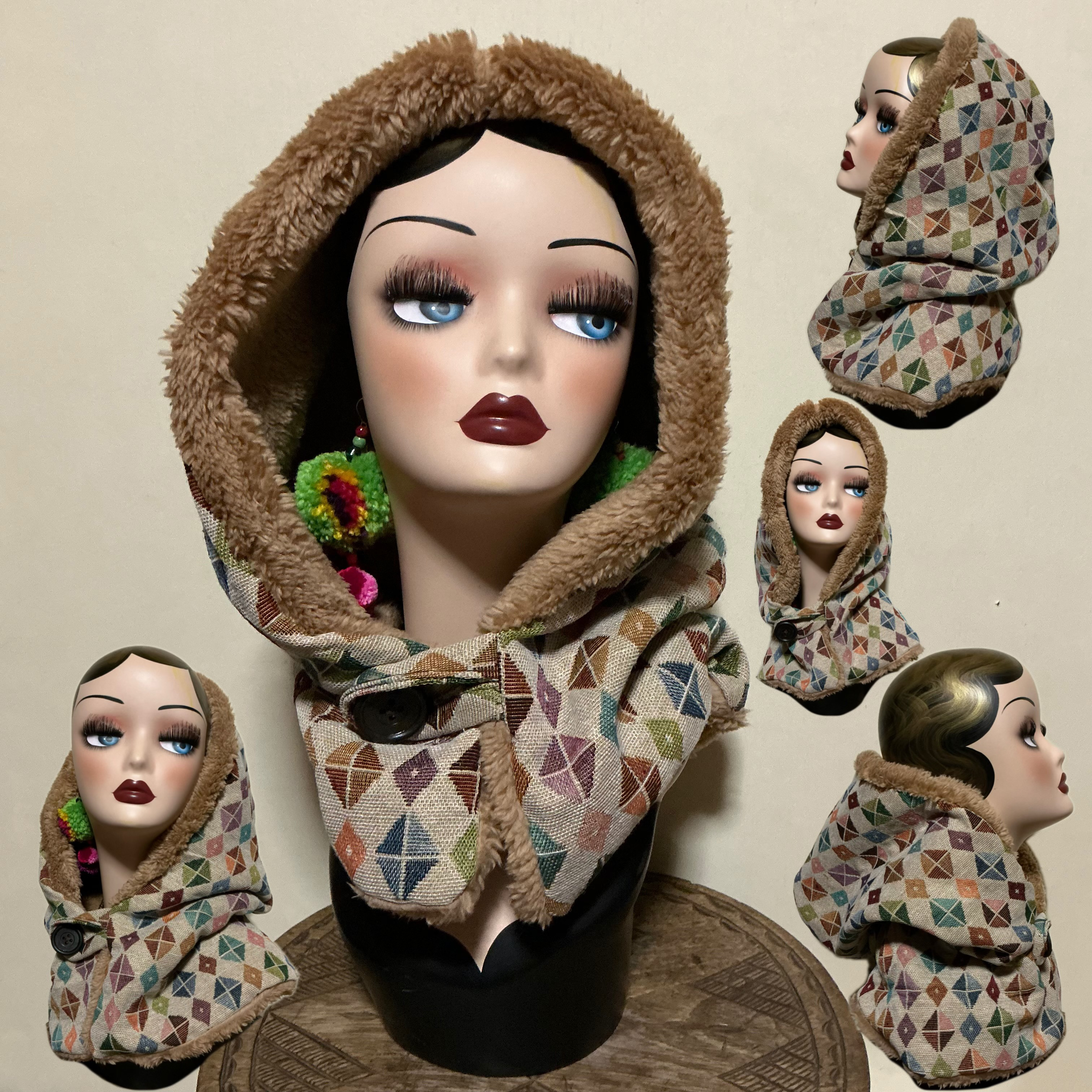 プードルファー　ゴブラン素材　フードスヌード　フード帽子　エスニック