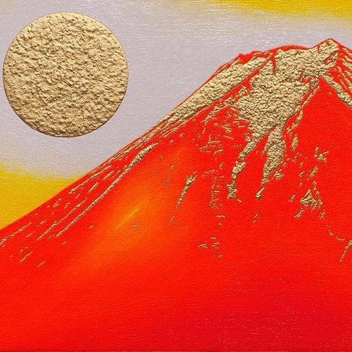 F4号油彩額装・肉筆油絵原画○『金の太陽の日の出赤富士(富士吉田)』が 