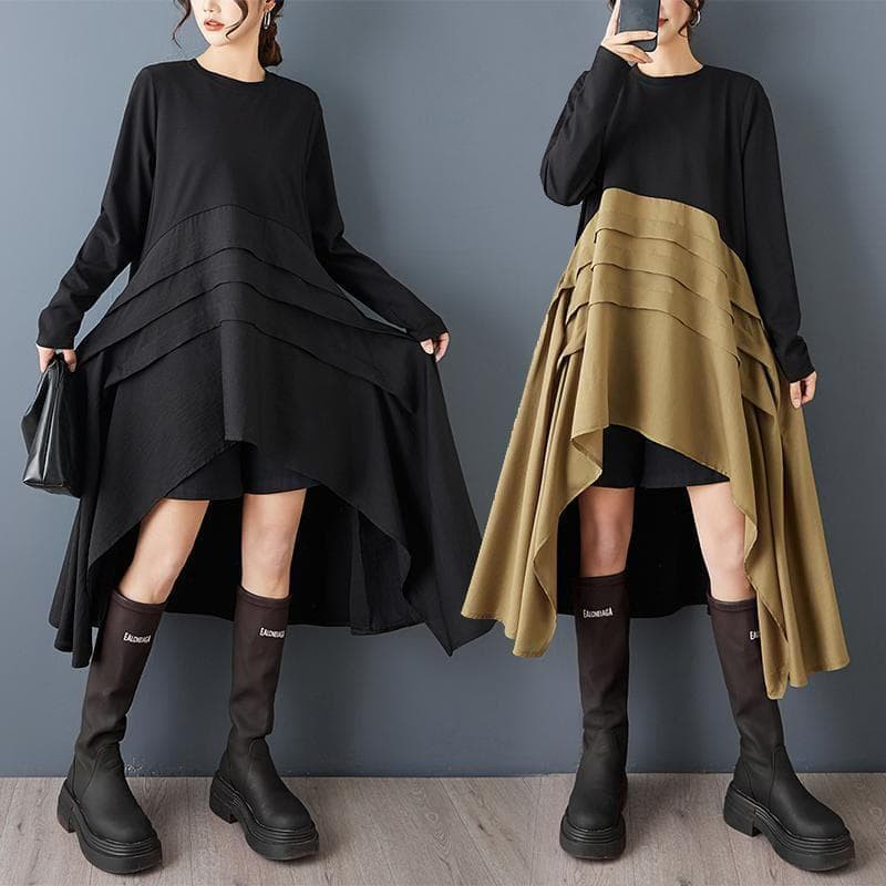 新品 大きいサイズ ゆったり アシメ ワンピース カーキ ロング 春 秋冬ｋ