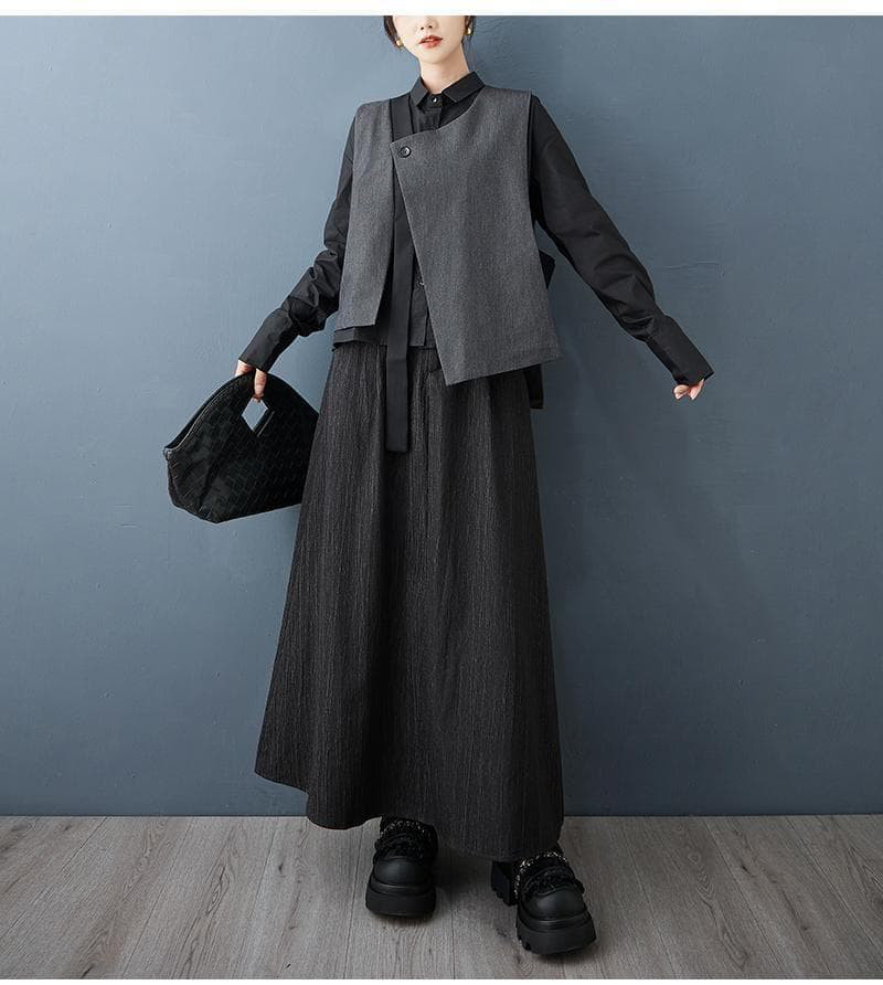 新品 大きいサイズ ゆったり アシメ ベスト ジレ 黒 春 秋冬　トップスｙ