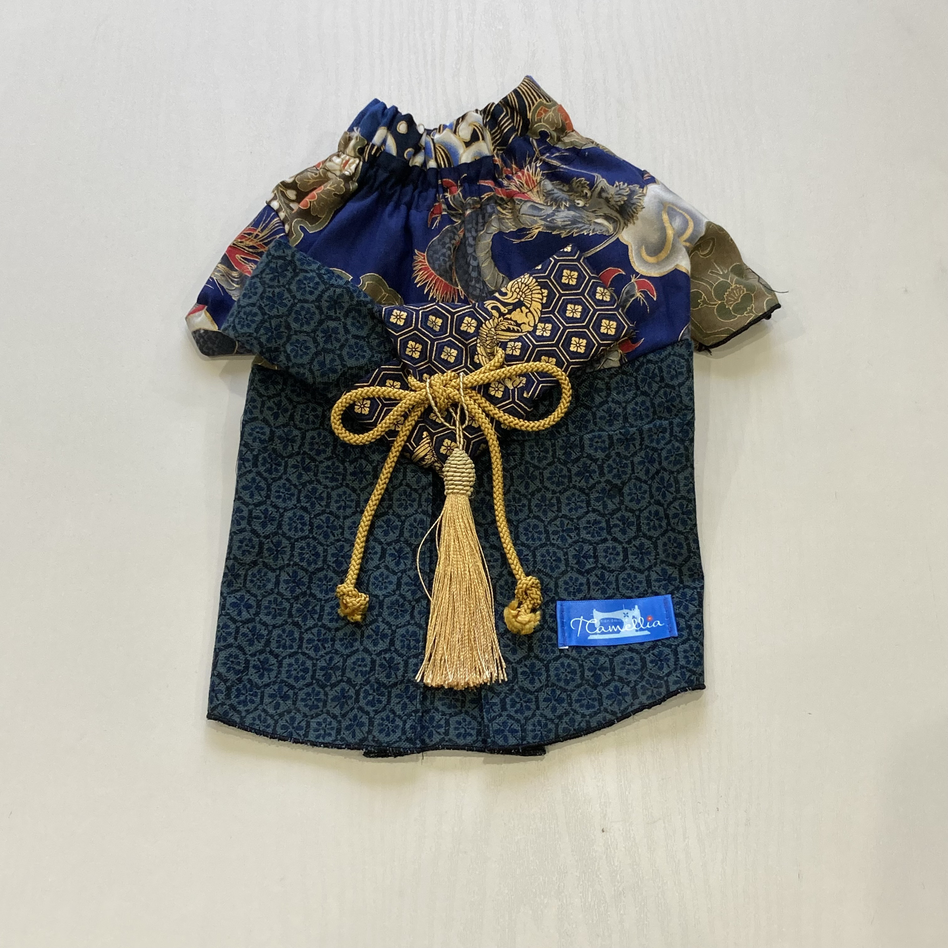 犬服　着物風タンクトップ　紺色ニット＆龍　Sサイズ　帯＆タッセル有