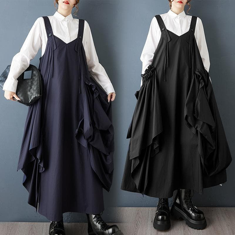 大きいサイズ 新品 秋冬 プリーツ サロペットスカート黒 ゆったり ワンピースa