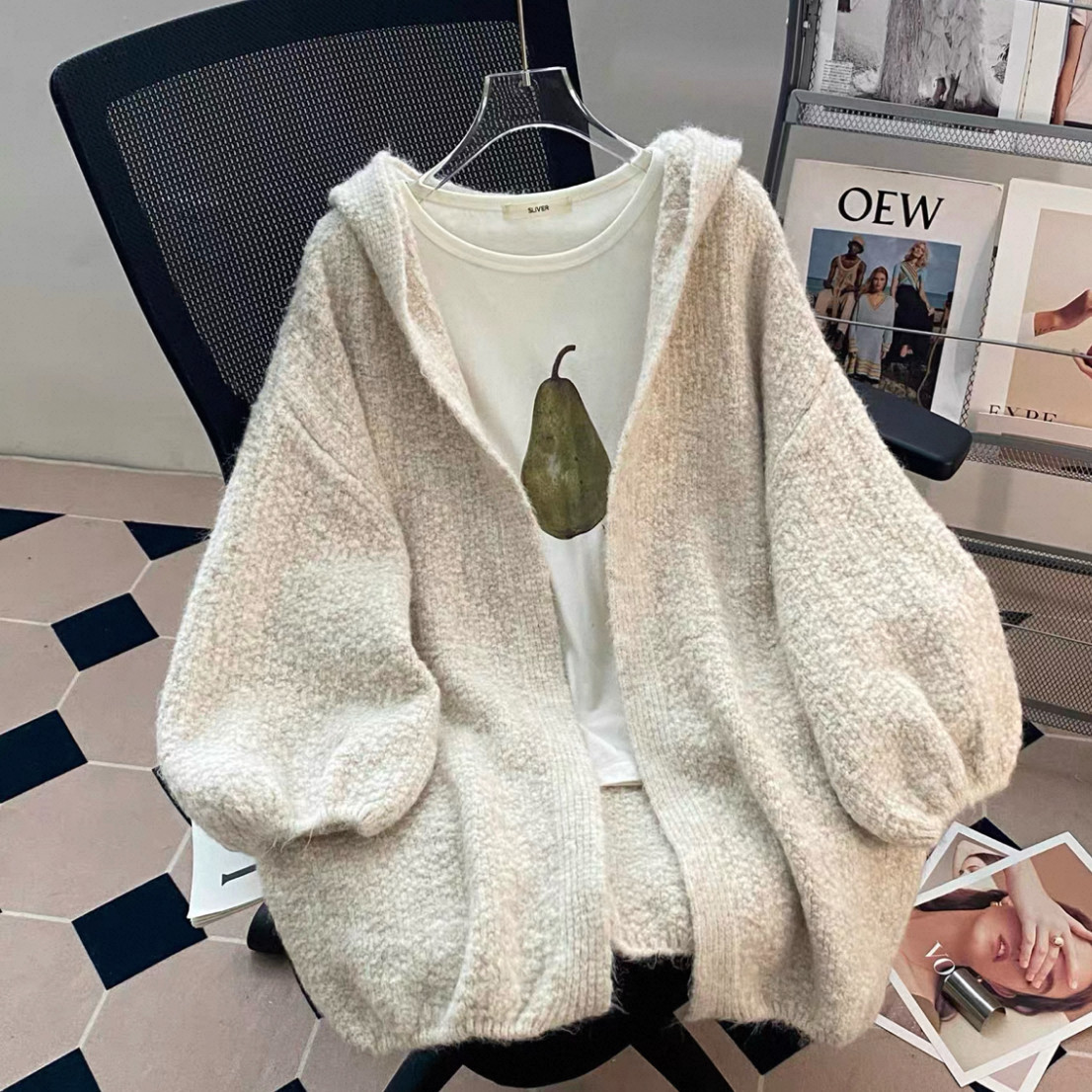 大人が着たいお洒落なカーディガン、前開きニットセーター、ジャケット、手編み毛糸厚模様 秋冬限定 厚手