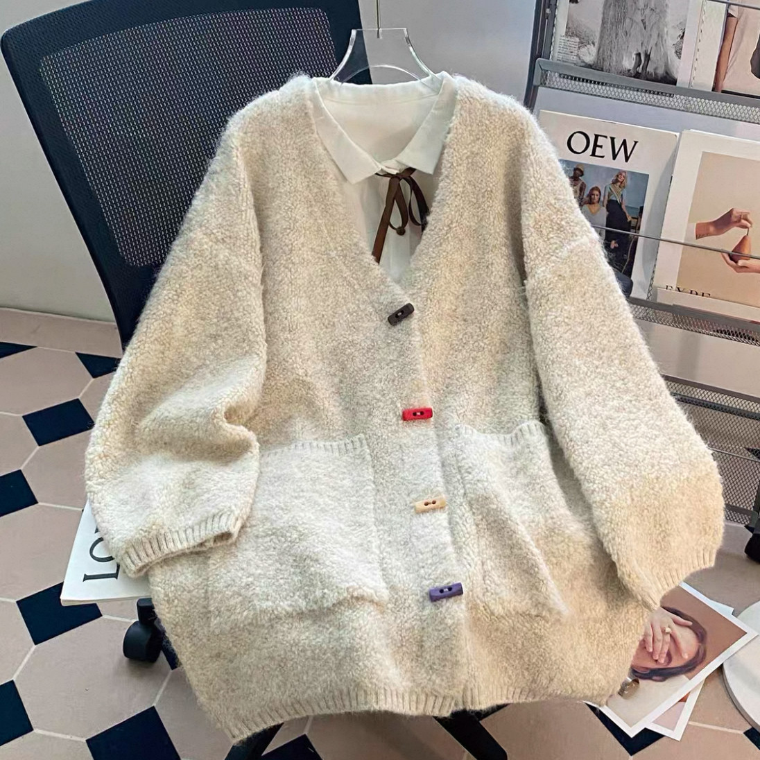 大人が着たいお洒落なカーディガン、前開きニットセーター、ジャケット、手編み毛糸厚模様 秋冬限定 厚手