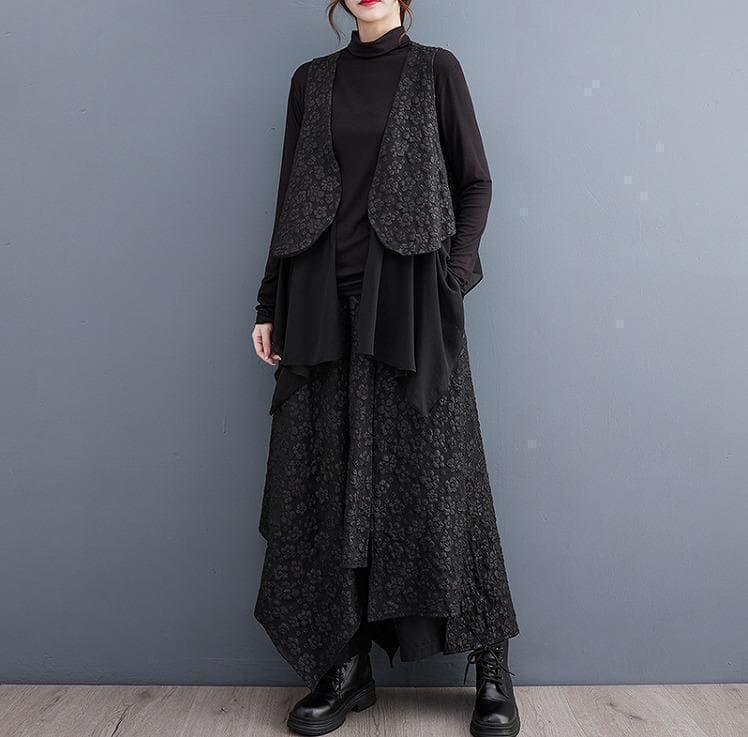 新品 大きいサイズ ゆったり ベスト セットアップ 個性的 黒秋冬長袖トップス❥