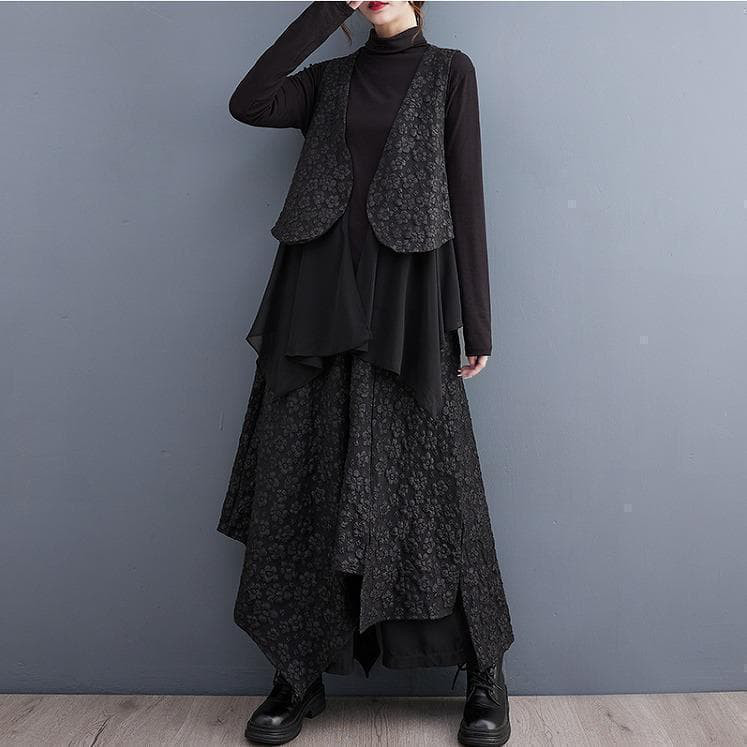 新品 大きいサイズ ゆったり ベスト セットアップ 個性的 黒秋冬長袖トップス❥