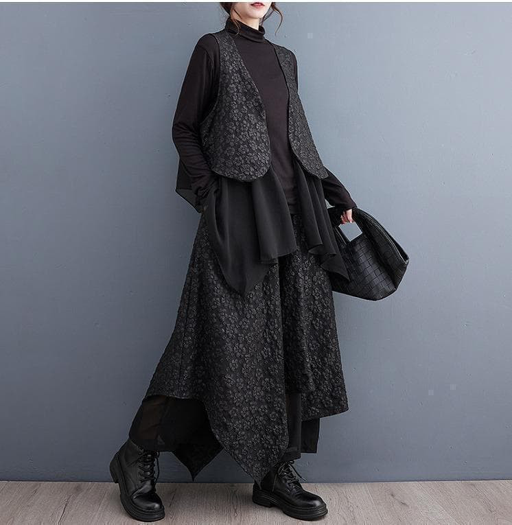 新品 大きいサイズ ゆったり ベスト セットアップ 個性的 黒秋冬長袖トップス❥