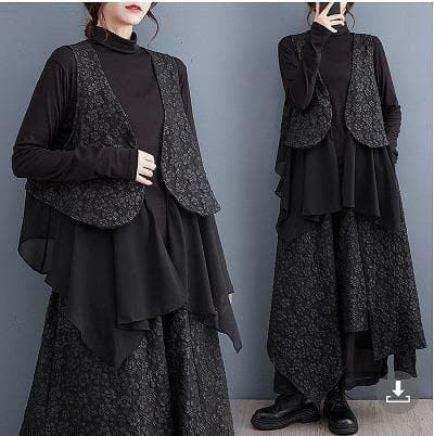 新品 大きいサイズ ゆったり ベスト セットアップ 個性的 黒秋冬長袖トップス❥