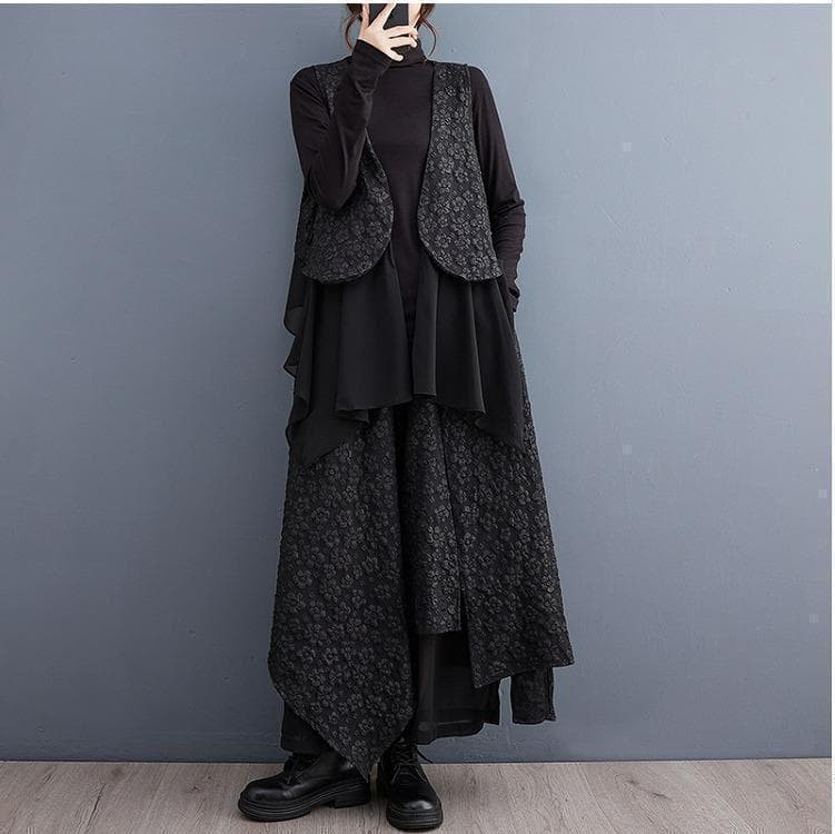 新品 大きいサイズ ゆったり ベスト セットアップ 個性的 黒秋冬長袖トップス❥