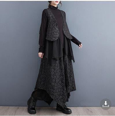 新品 大きいサイズ ゆったり ベスト セットアップ 個性的 黒秋冬長袖トップス❥