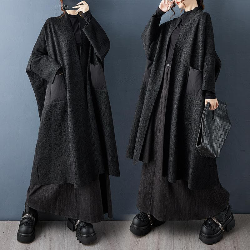 新品 大きいサイズ5L コート 秋冬黒ゆったりレトロ ロング丈 スタンドカラーa