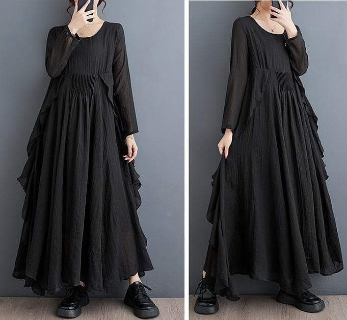 大きいサイズ 新品 3L前後 黒 ロングワンピース マキシ丈ワンピース プリーツ