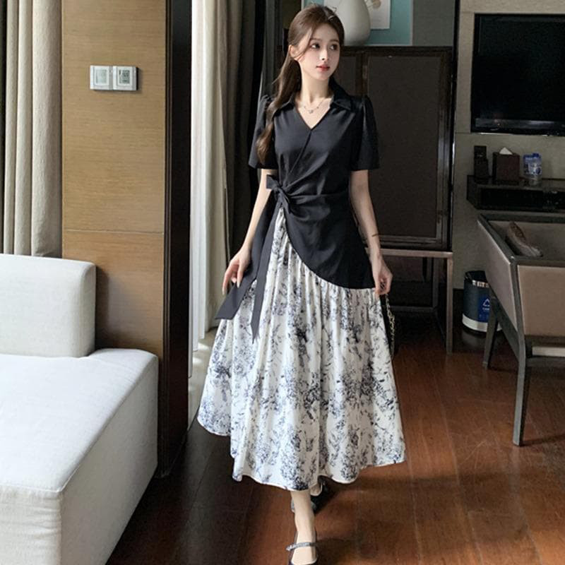 【新品】大きいサイズ モノトーン花柄ロングワンピース 3L春夏秋半袖レディース６