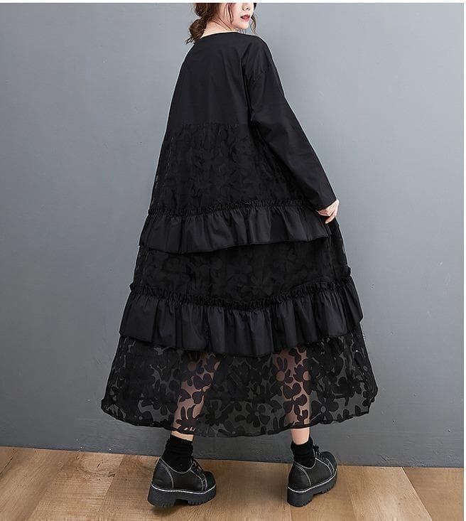 【新品】大きいサイズ黒 花柄 ティアードロングワンピース ゆったり秋冬長袖k