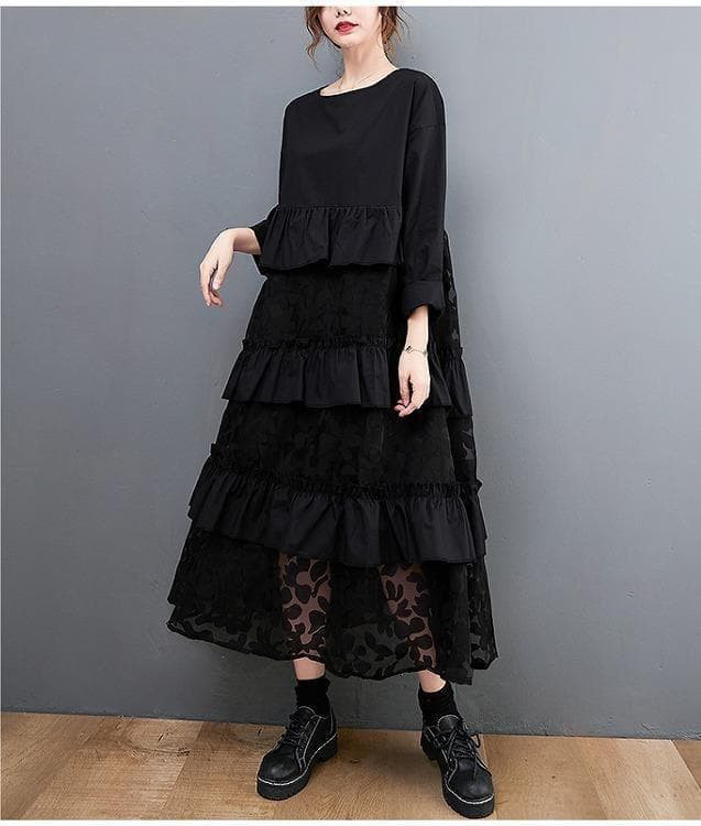 【新品】大きいサイズ黒 花柄 ティアードロングワンピース ゆったり秋冬長袖k