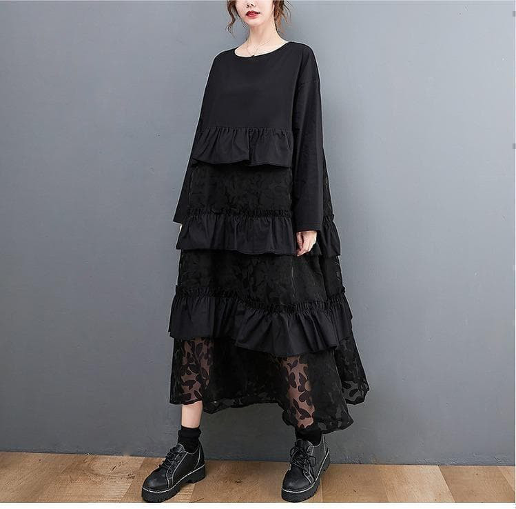 【新品】大きいサイズ黒 花柄 ティアードロングワンピース ゆったり秋冬長袖k