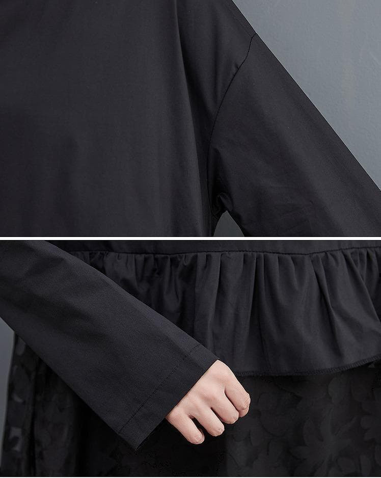 【新品】大きいサイズ黒 花柄 ティアードロングワンピース ゆったり秋冬長袖k