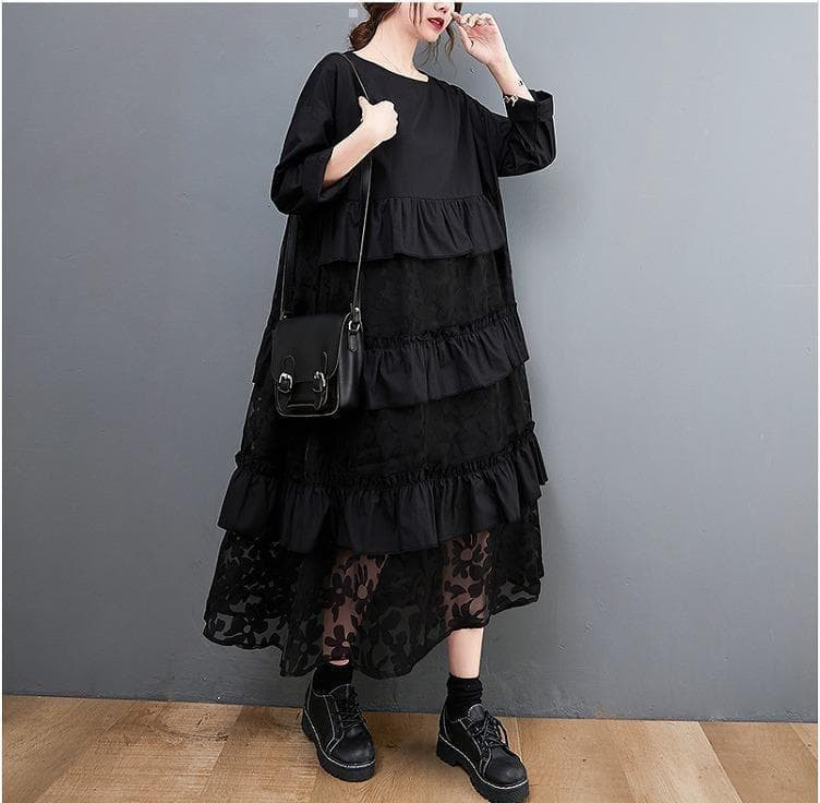 【新品】大きいサイズ黒 花柄 ティアードロングワンピース ゆったり秋冬長袖k