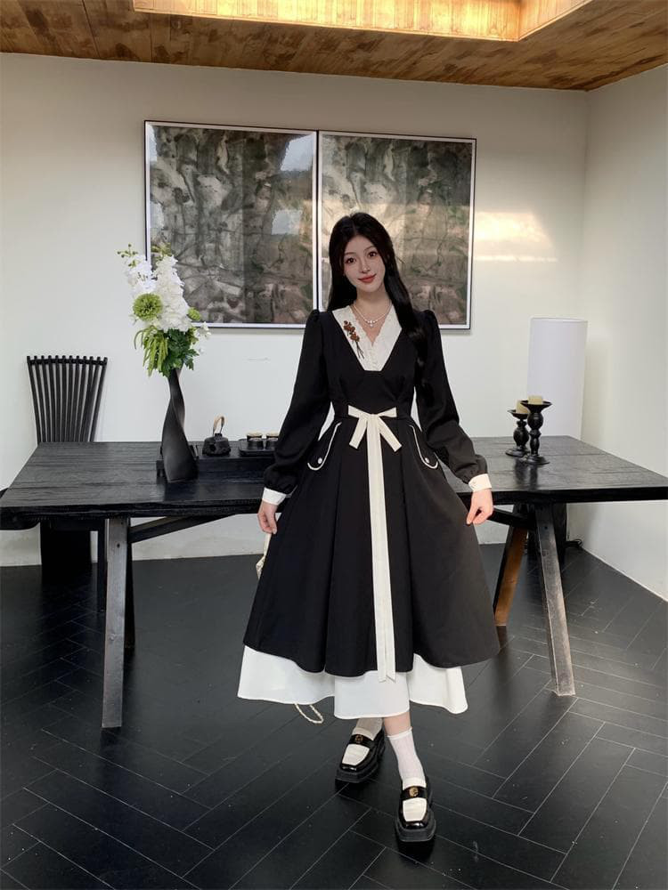 新作 大きいサイズ ヘップバーン風Vネックワンピース 新品秋冬春ロングレディース