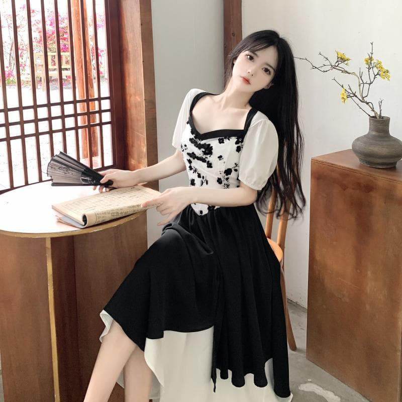 【新品】大きいサイズ モノトーン花柄ロングワンピース 4L半袖春夏秋レディース