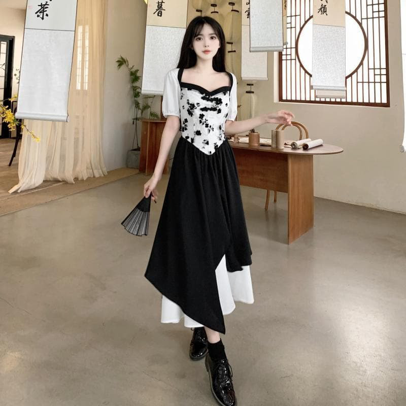 【新品】大きいサイズ モノトーン花柄ロングワンピース 4L半袖春夏秋レディース