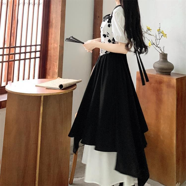 【新品】大きいサイズ モノトーン花柄ロングワンピース 4L半袖春夏秋レディース