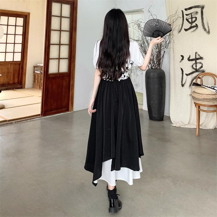 【新品】大きいサイズ モノトーン花柄ロングワンピース 4L半袖春夏秋レディース