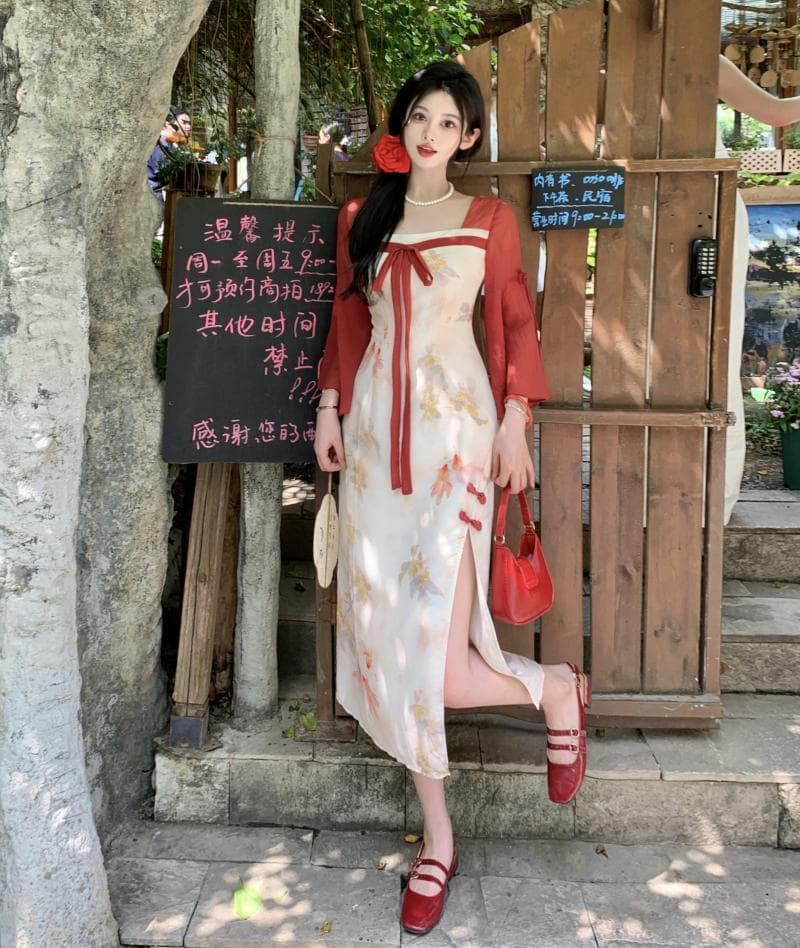 【新品】大きいサイズ チャイナ風ロングワンピース4Lレッド長袖レディース