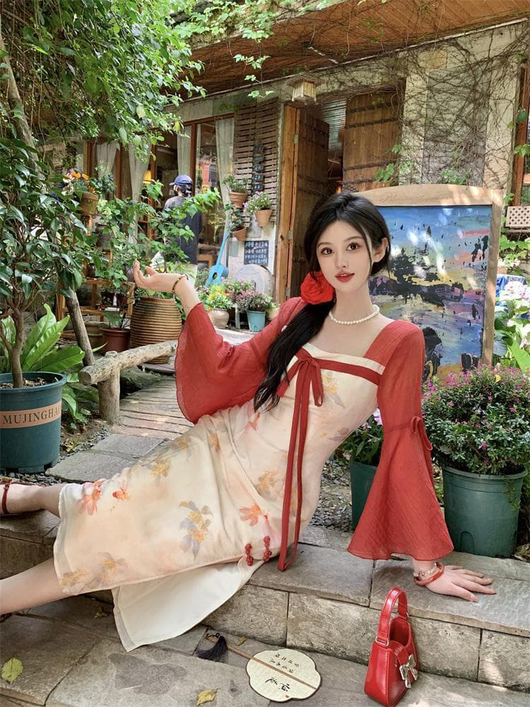 【新品】大きいサイズ チャイナ風ロングワンピース4Lレッド長袖レディース