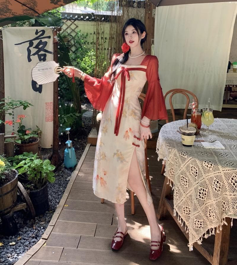 【新品】大きいサイズ チャイナ風ロングワンピース4Lレッド長袖レディース