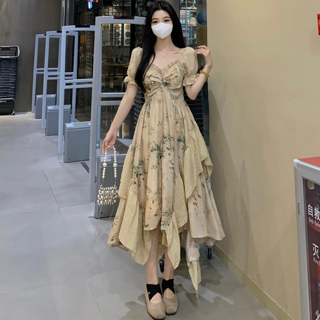【新品】花柄フレアロングワンピース 大きいサイズ レディース春夏半袖4L アシメ
