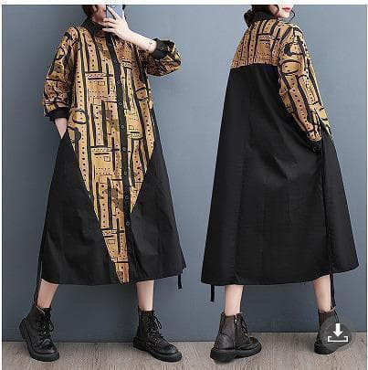 新品 大きいサイズ ゆったり 個性的 切り替え ロングワンピース秋冬長袖