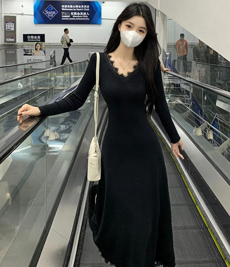 新品 大きいサイズ 秋冬 黒 ロングワンピース レース 痩せ見え ニット