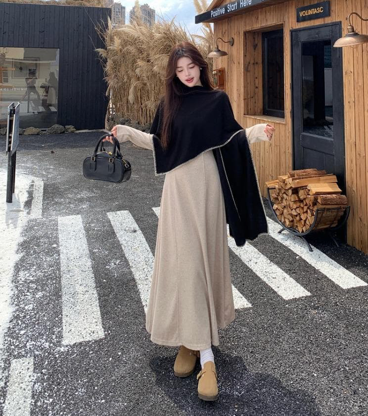 新品 大きいサイズ 秋冬 長袖 ロング ワンピース ストール 2点 エレガント