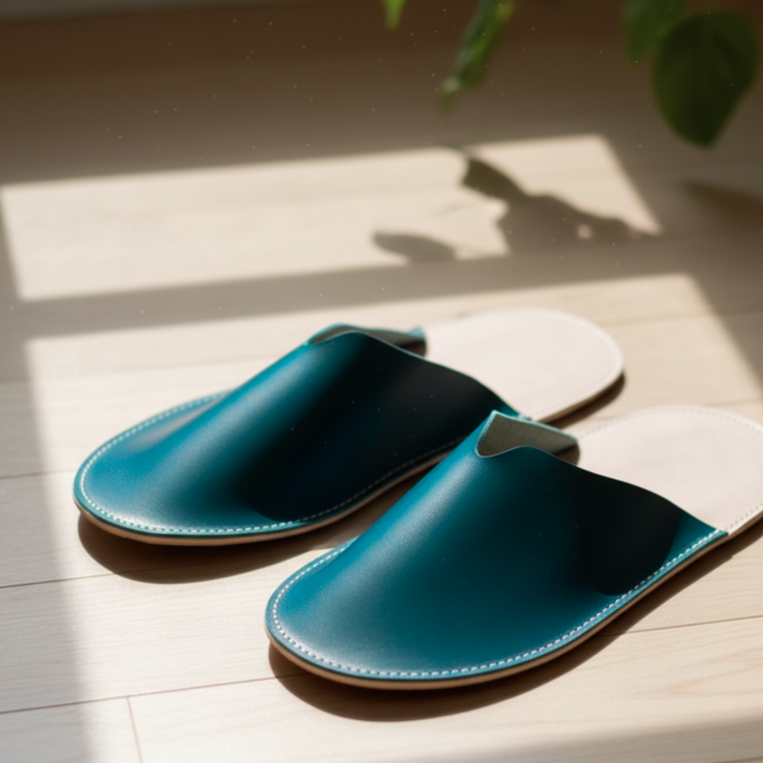 イタリアンレザーのルームシューズ｜ターコイズブルー × ヌメ革｜経年変化を楽しむ室内履き