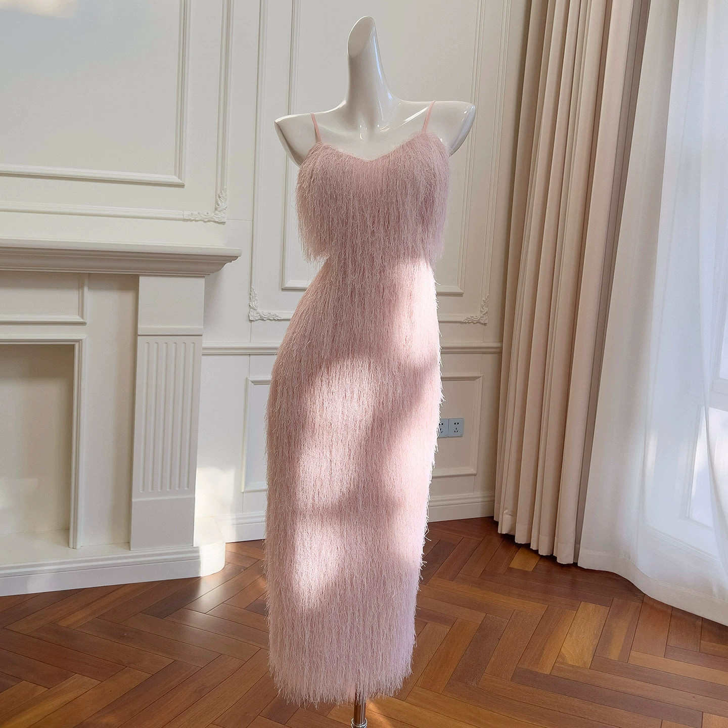 ピンク フリンジ 高級感 ウェディングドレス パーティー キャミソール ロング スリム 韓国風 二次会 69446