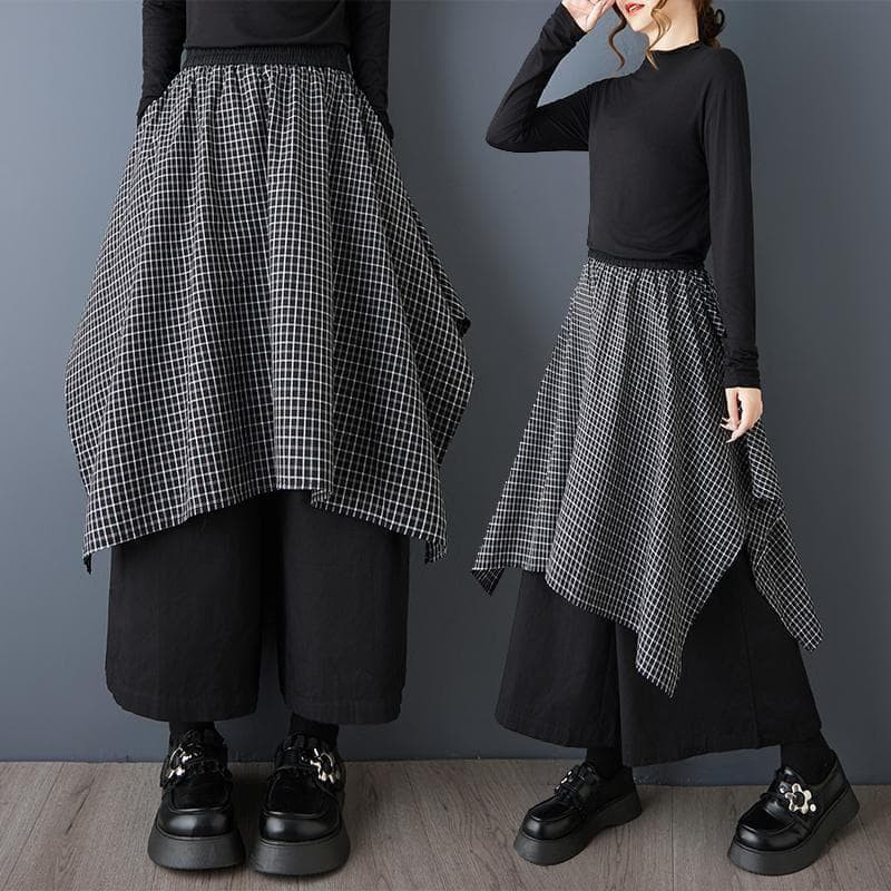 新品 大きいサイズ ゆったり チェック柄 パッチワーク ワイドパンツ 黒 秋冬p