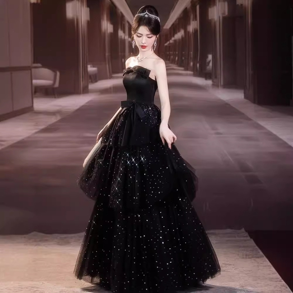 パーティードレス 黒 リボン シンプル ノースリーブ おしゃれ 高級感 韓国風 花嫁 前撮り お呼ばれ AK378