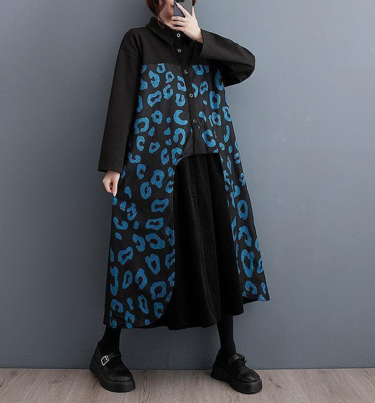 大きいサイズ 新品 韓国風 フェイクレイヤード シャツワンピース 黒 秋冬a