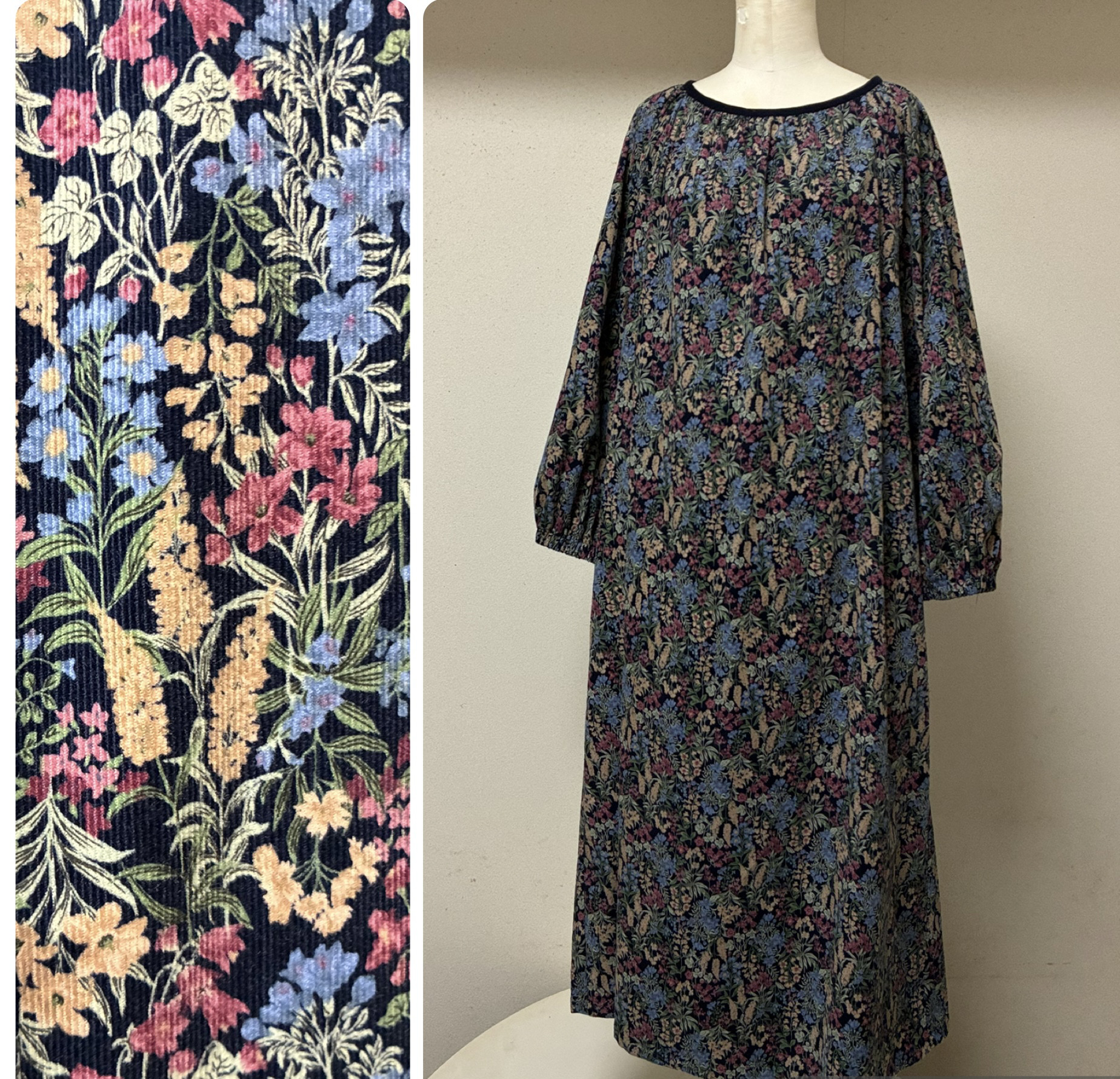 (即納)花柄コーデュロイ:ラグラン袖ワンピース