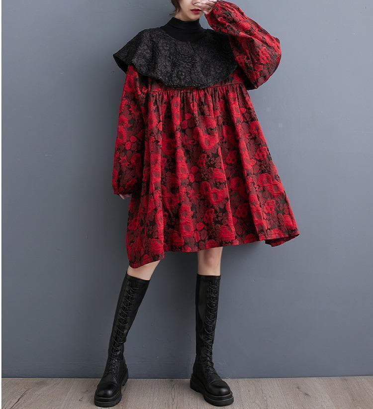 大きいサイズ レディース ワンピース　襟付き　春 秋冬 赤　長袖　ビッグ襟ｒ